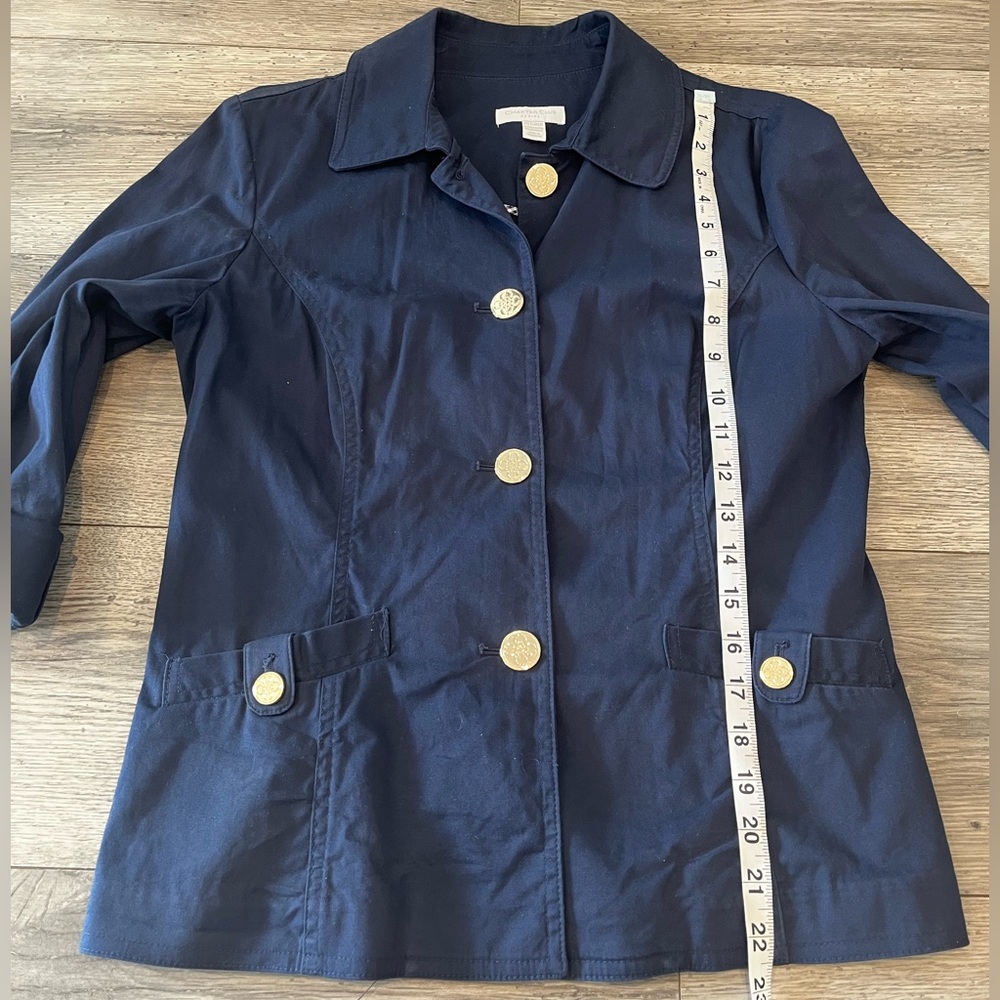 Charter Club Navy Blue Utility Jacket Gold Buttons Roll Tab Sleeve Petite Medium - Picture 6 of 6